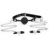 Черный кляп-шарик с зажимами на соски на металлической цепочке - Notabu - купить с доставкой в Бердске