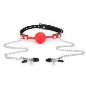 Красный кляп-шарик с зажимами на соски на металлической цепочке - Notabu - купить с доставкой в Бердске