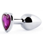 Серебристая анальная пробка с фиолетовым кристаллом-сердечком - 8 см. - Anal Jewelry Plug - купить с доставкой в Бердске