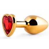 Золотистая анальная пробка с красным стразом-сердечком - 8 см. - Anal Jewelry Plug - купить с доставкой в Бердске