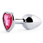 Серебристая анальная пробка с розовым кристаллом-сердечком - 7 см. - Anal Jewelry Plug - купить с доставкой в Бердске