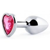 Серебристая анальная пробка с малиновым кристаллом-сердечком - 7 см. - Anal Jewelry Plug - купить с доставкой в Бердске