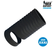 Черная открытая насадка на пенис с кольцом для мошонки XXXL-size - 9,9 см. - Sex Expert - в Бердске купить с доставкой
