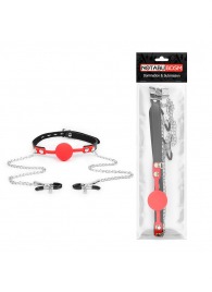 Красный кляп-шарик с зажимами на соски на металлической цепочке - Notabu - купить с доставкой в Бердске