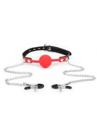 Красный кляп-шарик с зажимами на соски на металлической цепочке - Notabu - купить с доставкой в Бердске