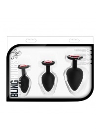 Набор черных анальных пробок с красным кристаллом-сердечком Bling Plugs Training Kit - Blush Novelties - купить с доставкой в Бердске
