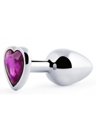 Серебристая анальная пробка с фиолетовым кристаллом-сердечком - 8 см. - Anal Jewelry Plug - купить с доставкой в Бердске
