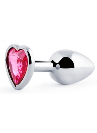 Серебристая анальная пробка с розовым кристаллом-сердечком - 7 см. - Anal Jewelry Plug - купить с доставкой в Бердске