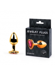 Золотистая анальная пробка с малиновым кристаллом-сердечком - 7 см. - Anal Jewelry Plug - купить с доставкой в Бердске