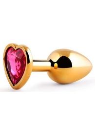 Золотистая анальная пробка с малиновым кристаллом-сердечком - 7 см. - Anal Jewelry Plug - купить с доставкой в Бердске