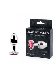 Серебристая анальная пробка с малиновым кристаллом-сердечком - 7 см. - Anal Jewelry Plug - купить с доставкой в Бердске