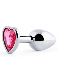 Серебристая анальная пробка с малиновым кристаллом-сердечком - 7 см. - Anal Jewelry Plug - купить с доставкой в Бердске