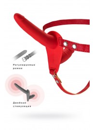 Красный страпон на ремнях с вагинальной пробкой - 15 см. - ToyFa - купить с доставкой в Бердске