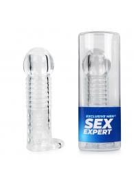Прозрачная рельефная насадка-реалистик с петлей для мошонки - 13,5 см. - Sex Expert - в Бердске купить с доставкой