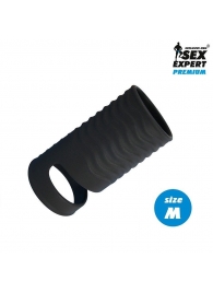 Черная открытая насадка на пенис с кольцом для мошонки size M - 7,9 см. - Sex Expert - в Бердске купить с доставкой