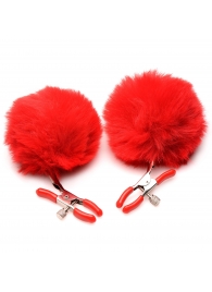 Красные зажимы на соски с помпонами Pom Pom - XR Brands - купить с доставкой в Бердске