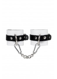 Бело-черные кожаные наручники с одним ремешком с люверсами - Pecado - купить с доставкой в Бердске