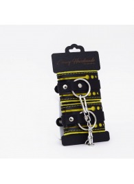 Черно-желтые кожаные наручники с жёлтой строчкой - Crazy Handmade - купить с доставкой в Бердске