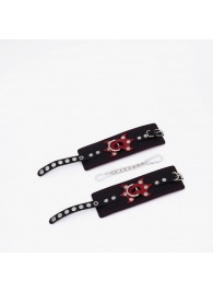 Черные кожаные наручники с красным декором и строчкой - Crazy Handmade - купить с доставкой в Бердске