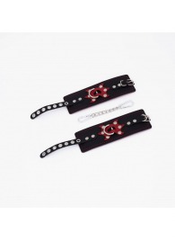 Черные кожаные наручники с красным декором и строчкой - Crazy Handmade - купить с доставкой в Бердске