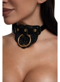 Черный фигурный кожаный ошейник с золотистой фурнитурой - Crazy Handmade - купить с доставкой в Бердске