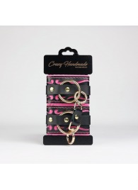 Черные кожаные наручники с розовой строчкой - Crazy Handmade - купить с доставкой в Бердске