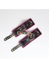 Черные кожаные наручники с розовой строчкой - Crazy Handmade - купить с доставкой в Бердске