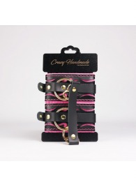 Черные кожаные оковы с розовой строчкой - Crazy Handmade - купить с доставкой в Бердске