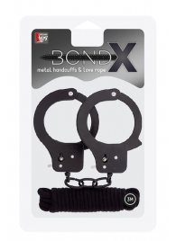 Чёрные наручники из листового металла в комплекте с веревкой BONDX METAL CUFFS LOVE ROPE SET - Dream Toys - купить с доставкой в Бердске