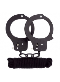 Чёрные наручники из листового металла в комплекте с веревкой BONDX METAL CUFFS LOVE ROPE SET - Dream Toys - купить с доставкой в Бердске