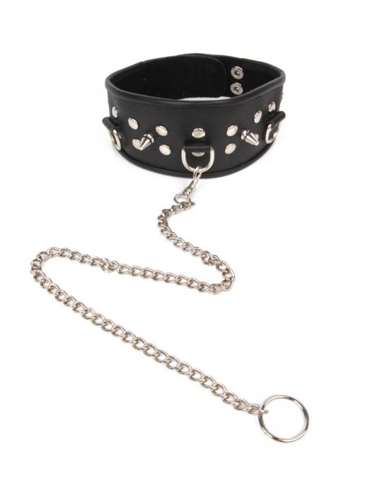 Черный ошейник с шипами и металлическим поводком-цепочкой - Notabu - купить с доставкой в Бердске