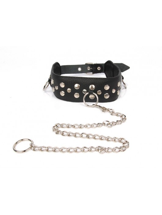 Черный ошейник с заклепками с металлическим поводком-цепочкой - Notabu - купить с доставкой в Бердске