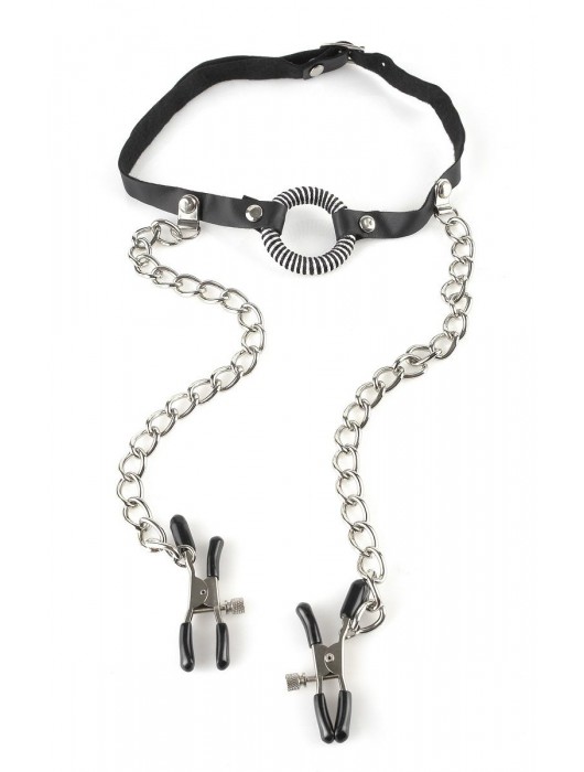 Кляп, соединенный цепочкой с клипсами для сосков - Pipedream - купить с доставкой в Бердске