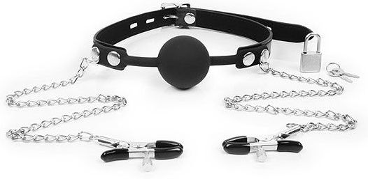 Черный кляп-шарик с зажимами на соски на металлической цепочке - Notabu - купить с доставкой в Бердске