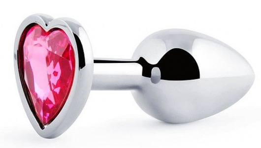 Серебристая анальная пробка с розовым кристаллом-сердечком - 7 см. - Anal Jewelry Plug - купить с доставкой в Бердске