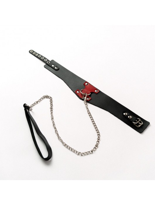 Черный широкий ошейник с красным декором и поводком - Crazy Handmade - купить с доставкой в Бердске