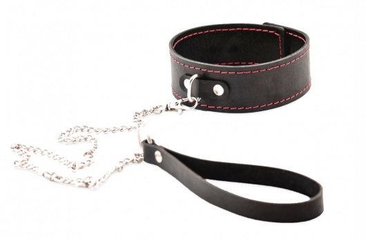 Черный широкий ошейник с красной строчкой и поводком - Crazy Handmade - купить с доставкой в Бердске