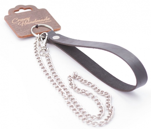 Серебристый металлический поводок с кожаной черной ручкой - 80 см. - Crazy Handmade - купить с доставкой в Бердске