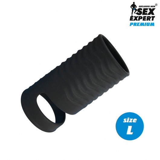 Черная открытая насадка на пенис с кольцом для мошонки L-size - 8,5 см. - Sex Expert - в Бердске купить с доставкой