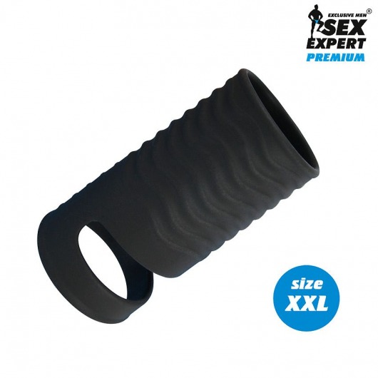 Черная открытая насадка на пенис с кольцом для мошонки XXL-size - 9,4 см. - Sex Expert - в Бердске купить с доставкой