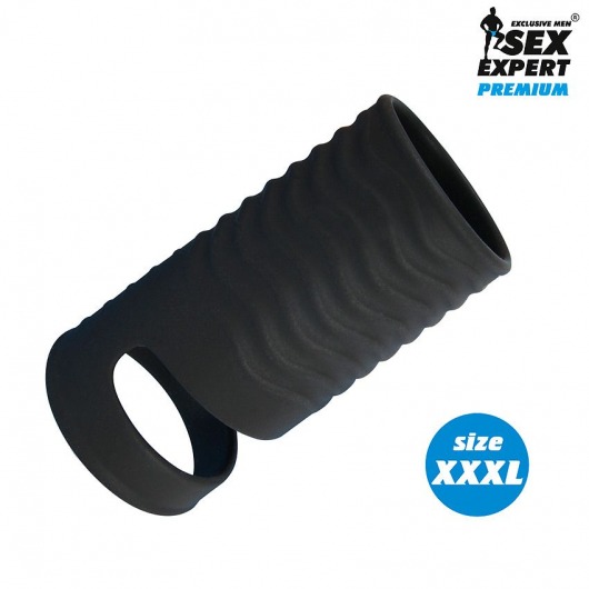 Черная открытая насадка на пенис с кольцом для мошонки XXXL-size - 9,9 см. - Sex Expert - в Бердске купить с доставкой