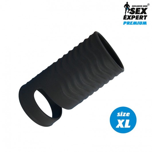 Черная открытая насадка на пенис с кольцом для мошонки XL-size - 8,9 см. - Sex Expert - в Бердске купить с доставкой