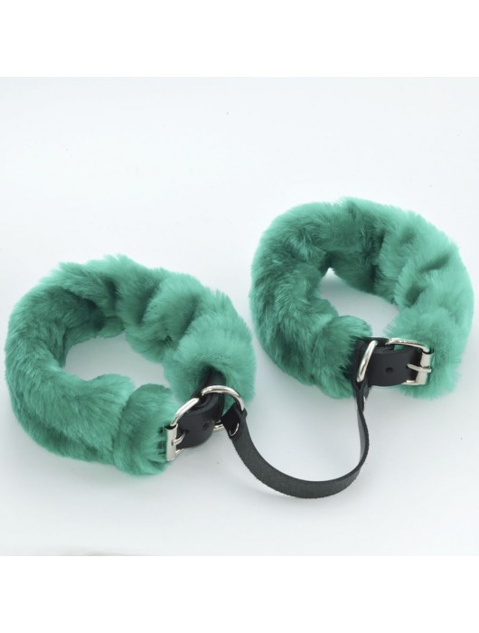 Черные кожаные оковы со съемной зеленой опушкой - Sitabella - купить с доставкой в Бердске