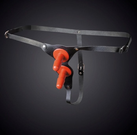 Чёрные кожаные трусики с двумя штырьками для насадок - Sitabella - купить с доставкой в Бердске