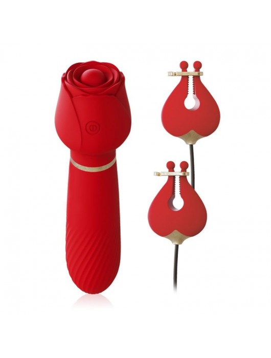 Красный вибромассажёр с зажимами для сосков - 16 см. - A-LOVING