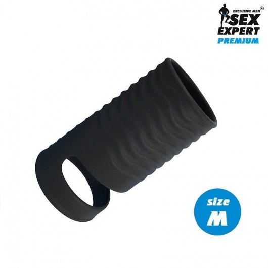Черная открытая насадка на пенис с кольцом для мошонки size M - 7,9 см. - Sex Expert - в Бердске купить с доставкой