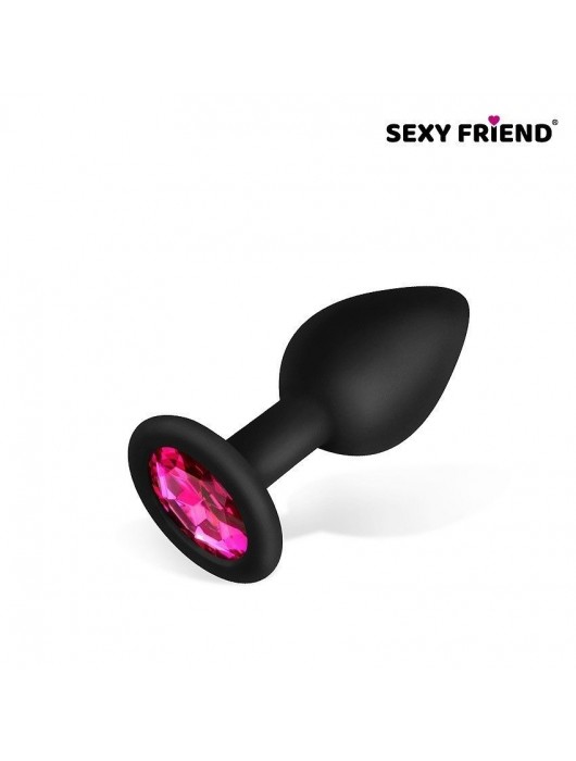Черная силиконовая анальная втулка с малиновым кристаллом - 7,3 см. - 1137