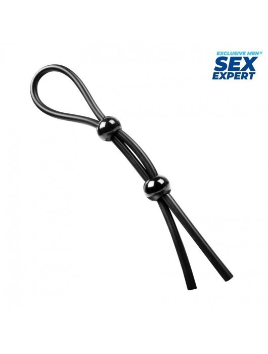 Черное силиконовое лассо с двумя шариками для утяжки - Sex Expert - в Бердске купить с доставкой