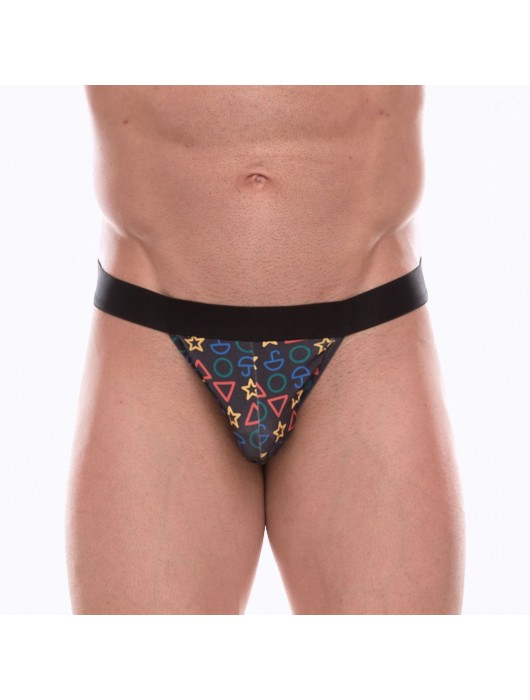 Темно-серые трусы-танга с разноцветным принтом в виде значков - Don Moris купить с доставкой