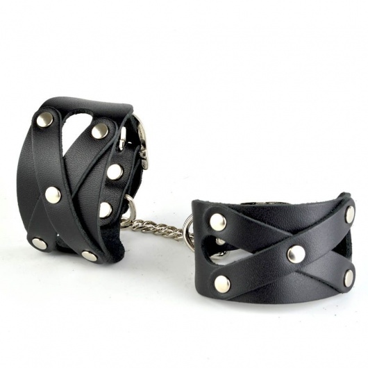 Черные кожаные наручники  Цезарь  с цепочкой на карабинах - Sitabella - купить с доставкой в Бердске